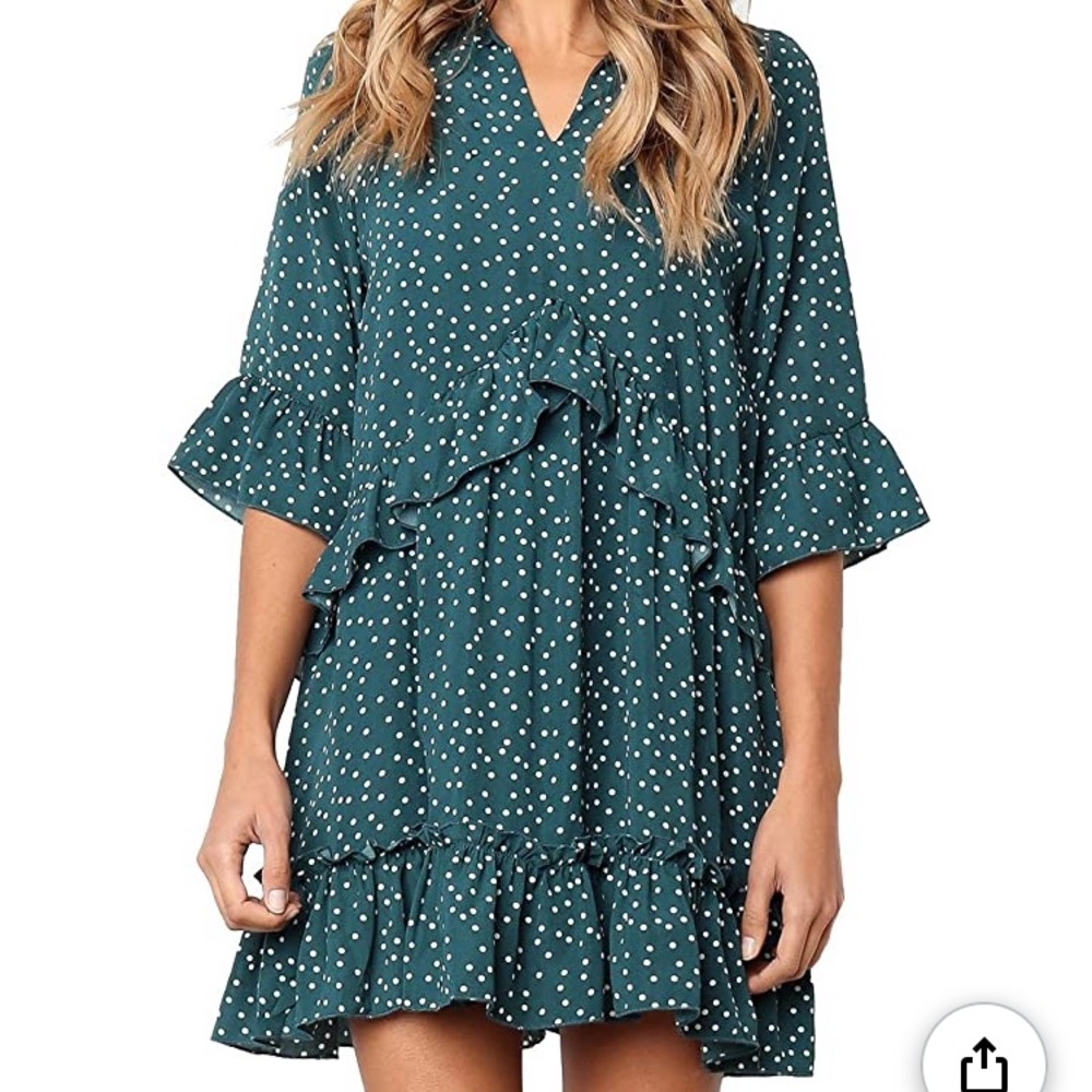 V Neck Ruffle Polka Dot Loose Short T-Shirt Dress